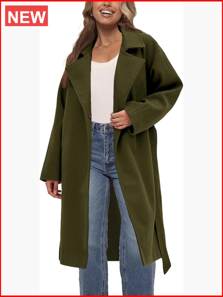 Wool Blend Belted Notch Lapel Trench Coat Long Pockets
